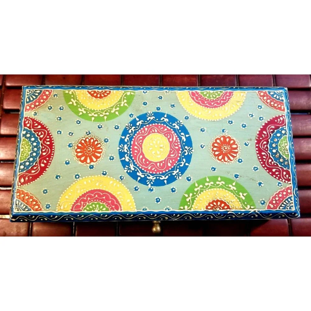 Bohemian Decorative Wooden Jewelry Box Floral Design Hand-Painted Flowers